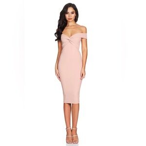 Nookie NWT Women’s Dolly Midi Off The Shoulder Blush Sheath Dress- Size Medium